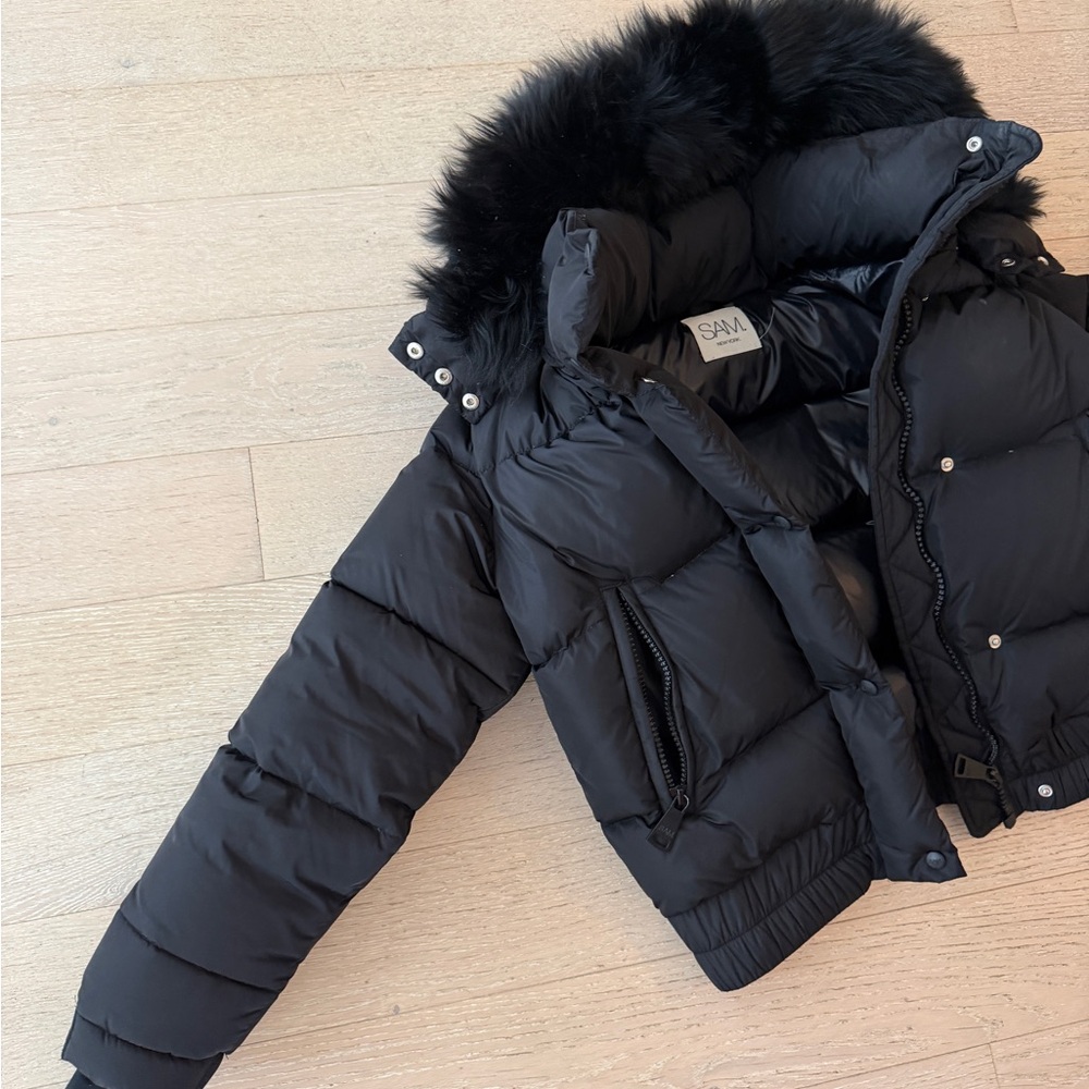 SAM Black Puffer Jacket with Fur Trim - Picture 2 of 4